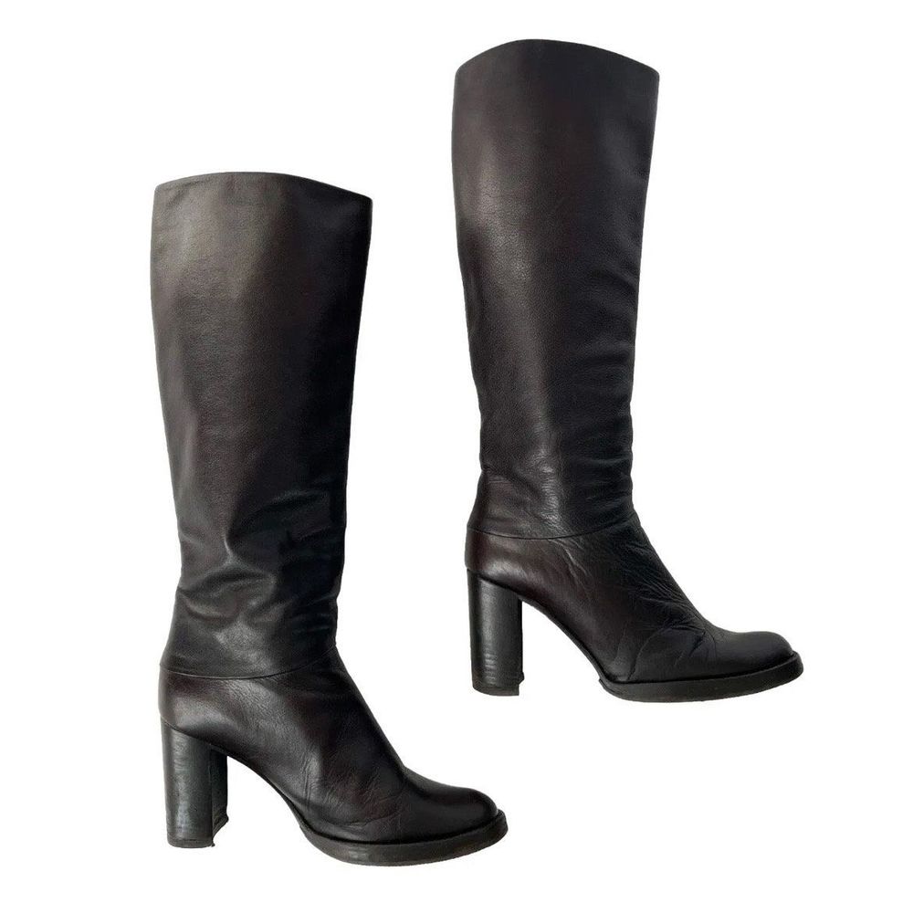 VTG 80s 90s Barneys Dark Brown Leather Knee High Heel Riding Boots Size 37.5 6.5